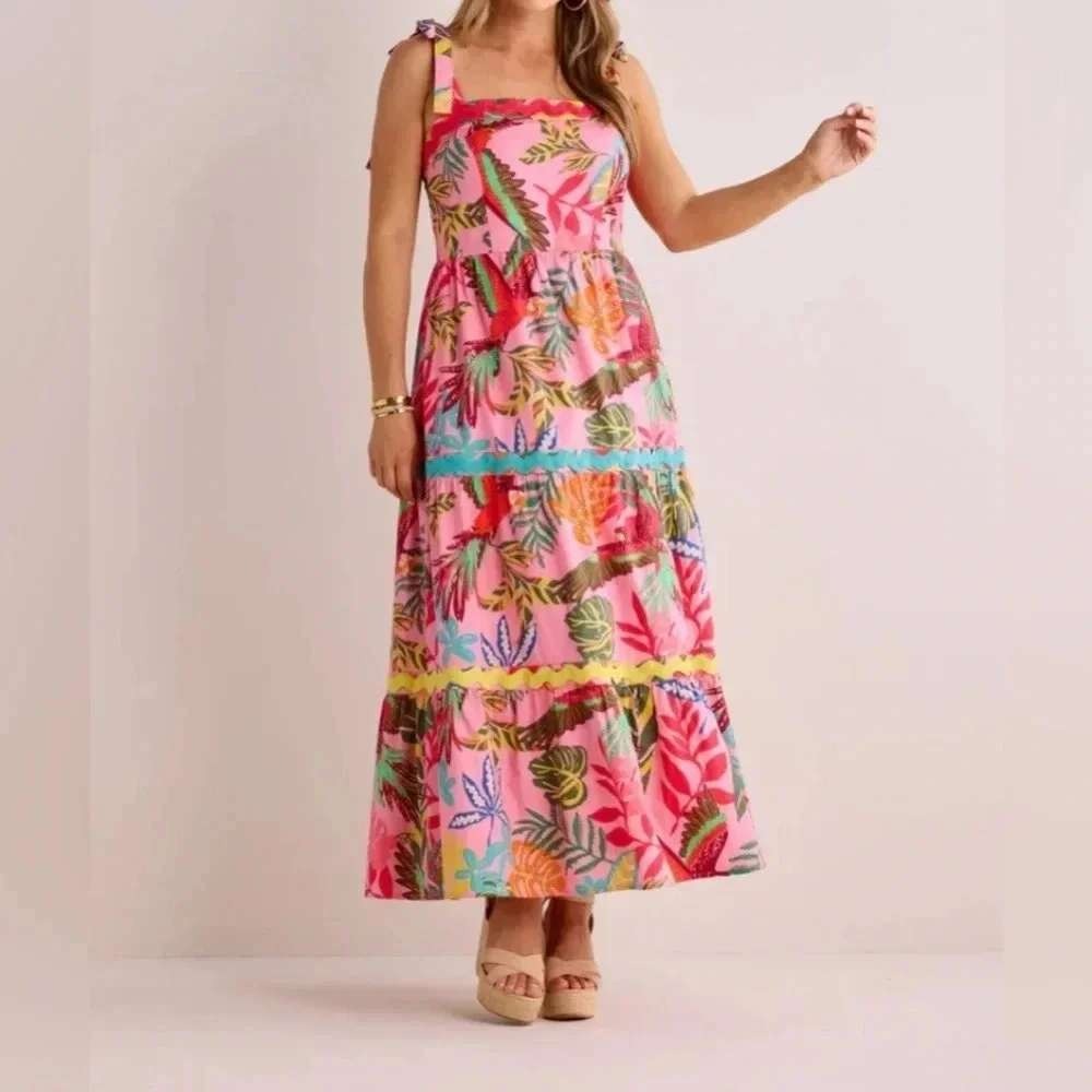 Avara Susana Maxi Dress XS NWT Pink Tropical Parrot Palm Rick Rack Cotton Tiered